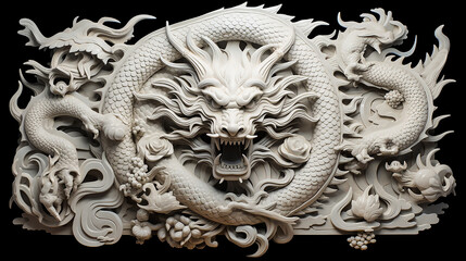 Sculptural panel of traditional Dragon religious symbol of Chinese New Year, Zodiac Sign. White Chinese dragon in fantasy shape on black background. Chinese new year celebration. Close-up.