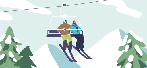 Skiers Couple, Bundled In Gear, Ascend A Snowy Mountain On A Ski Lift, Eagerly Anticipating Their Downhill Adventure