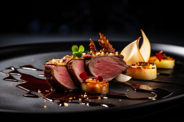 Beautifully presented Michelin star restaurant dish on a plate, black background. Refined and elegant cuisine, fine dinning