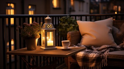 A small wooden balcony in a natural color with heather flowers, candlelight, flame, and soft dark green plaid, waiting on a garden furniture chair is a lovely autumn hygge home decor