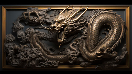 Sculptural panel of traditional Dragon religious symbol of Chinese New Year, Zodiac Sign. Black with gold plating Chinese dragon in gold frame on black background. Chinese new year celebration.
