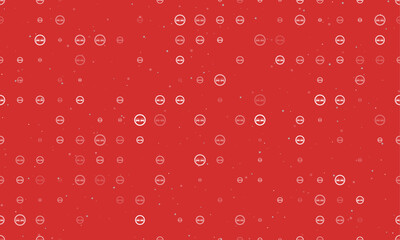 Seamless background pattern of evenly spaced white no overtaking signs of different sizes and opacity. Vector illustration on red background with stars