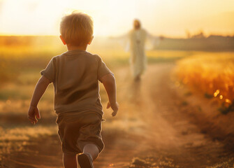 Little boy runs to Jesus - obrazy, fototapety, plakaty