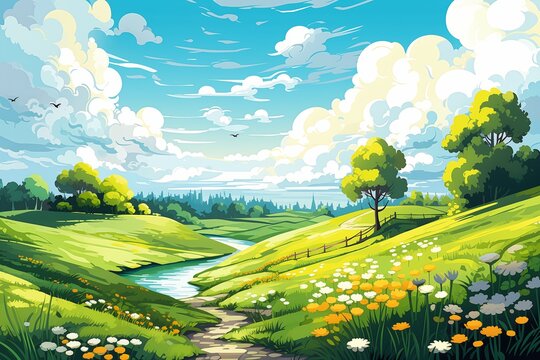 green field flowers trees vector view zoomed out heavenly landscape streams path sunny mid day border young cartoon streaming wall