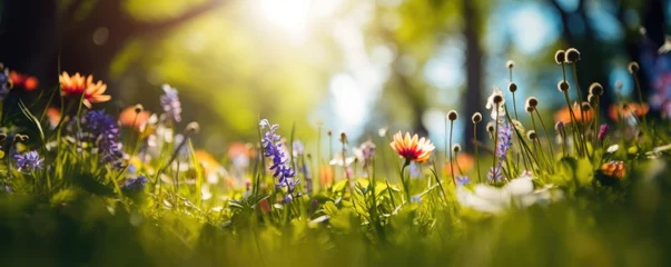 Fototapete Wiese, Sumpf  The landscape of colorful flowers in a forest with the focus on the setting sun. Soft focus