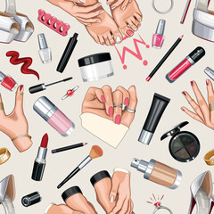 Fashion Seamless pattern with shoes, nails, manicure, makeup. Beauty Seamless Background. Seamless Pattern with Fashion Accessories. Perfect for Beauty Salon decoration, Beauty Blog, Fashion Blog