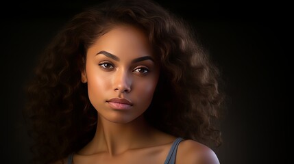 A studio setting is where portraits of a beautiful biracial woman are taken - Powered by Adobe