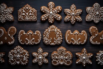 Obraz na płótnie Canvas Group of Christmas gingerbread cookies decorated with snowflakes on wooden background