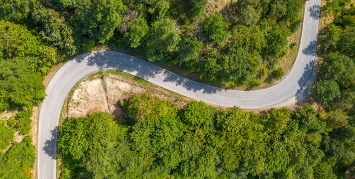 Elevated view of road snaking through trees near Borello, Emilia Romagna