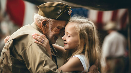 Affectionate military reunion between father and daughter - obrazy, fototapety, plakaty