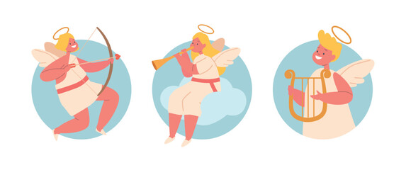 Isolated Round Icons or Avatars with Cherubic Angels with Harp, Bow and Trumpet. Innocent Heavenly Cupids