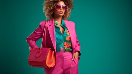 A trendy summer pink and fuchsia suit, strappy sandals, orange sunglasses, and a green quilted faux leather bag are being worn by a woman who is posing in a studio with a blue background.