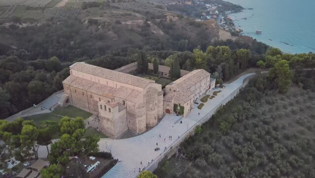 Aerial view of San Giovanni in Venere Abbey in Abruzzo, Italy, at sunset