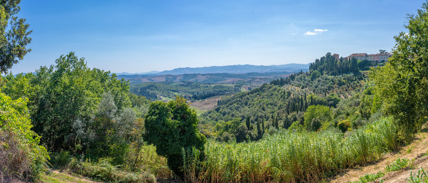 View of hills and landscape and town near San Vivaldo, Tuscany