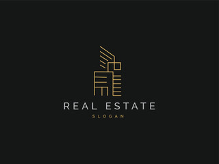 Real estate logo image simple and creative line art style. Construction Architecture Building concept. House logo element vector design template.