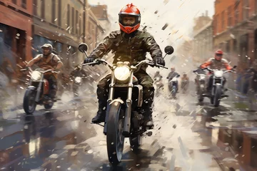 Foto op Canvas motorcyclists ride motorcycles through the city, watercolor illustration © Ksenia Belyaeva