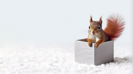 Funny squirrel peeking out of cardboard box - obrazy, fototapety, plakaty