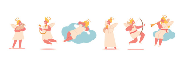 Cute Angels With Cherubic Smiles, Spreading Joy And Sweetness. Their Innocence Lights Up The World, Vector Illustration