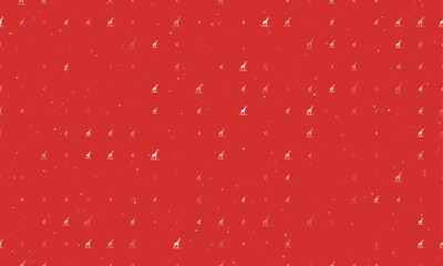 Seamless background pattern of evenly spaced white wild giraffe symbols of different sizes and opacity. Vector illustration on red background with stars