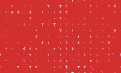 Seamless background pattern of evenly spaced white giraffe head symbols of different sizes and opacity. Vector illustration on red background with stars