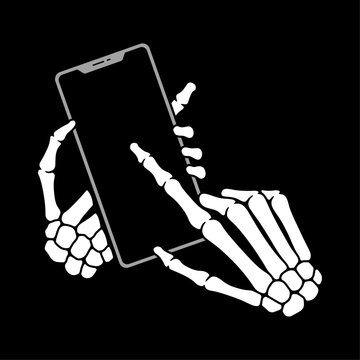 SKELETON HANDS HOLDING SMARTPHONE WHITE BLACK BACKGROUND