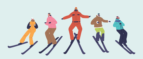 Skiers Characters In Row. Winter Sports Enthusiasts Who Gracefully Navigate Downhill Slopes Using Skis, Vector