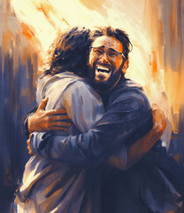 Man hugging Jesus in heaven - 666706395
