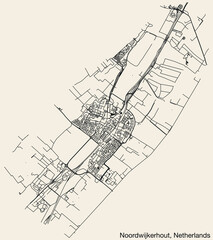 Detailed hand-drawn navigational urban street roads map of the Dutch city of NOORDWIJKERHOUT, NETHERLANDS with solid road lines and name tag on vintage background