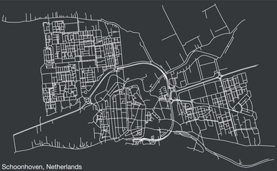 Detailed hand-drawn navigational urban street roads map of the Dutch city of SCHOONHOVEN, NETHERLANDS with solid road lines and name tag on vintage background