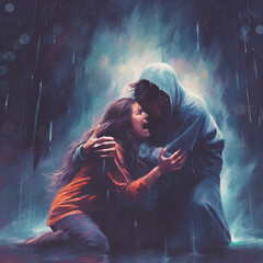 Jesus holds a woman in the storm