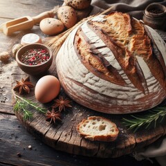 Obraz na płótnie Canvas a loaf of bread and wheat on a wooden cutting board