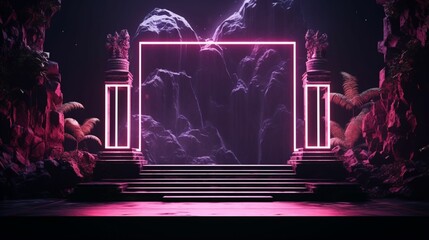 A 3D Natural Stones Display Podium Illuminated by Enchanting Neon Pink Lights, Crafted from Artisanal Stones, Creating an Enthralling and Immersive Sculptural Showcase 