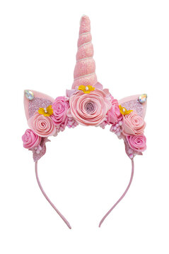 Unicorn Horn Baby Kid Flower Crown Headband Birthday Party HairBand Headwear for a girl. Wreath with ears and pink flowers. Children's accessory for a party, isolated.