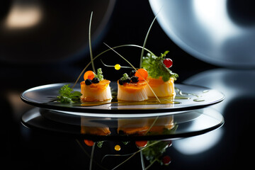 Beautifully presented Michelin star restaurant dish on a plate, black background. Refined and...