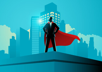 Businessman as a superhero standing on the top of a building, accomplishment, determination, conquer obstacles, vector illustration