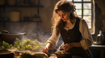 A woman dressed in medieval clothing is preparing food as an alchemist or witch in the kitchen of an authentic French medieval castle - obrazy, fototapety, plakaty