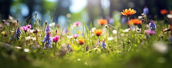  The landscape of colorful flowers in a forest with the focus on the setting sun. Soft focus