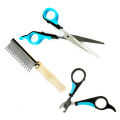 Scissors, claw cutter and comb for grooming dogs isolated on white . Collage.
