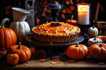 Obraz na płótnie Canvas Halloween Delight: Festive Pumpkin Pie Presentation