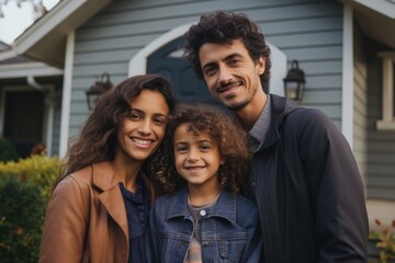 Fototapeta premium Portrait of a happy young family in front of a house
