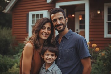 Fototapeta premium Portrait of a happy young family in front of a house