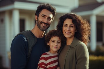 Portrait of a happy young family in front of a house