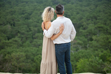 Fototapeta premium rear view of couple standing together looking at a view