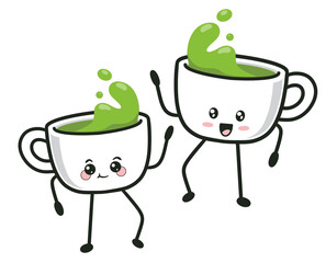 Cheerful cups of matcha tea dancing, with legs