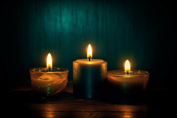 Obraz na płótnie Canvas Three flickering candles illuminating the darkness, symbolizing cherished memories and heartfelt blessings. Generative AI