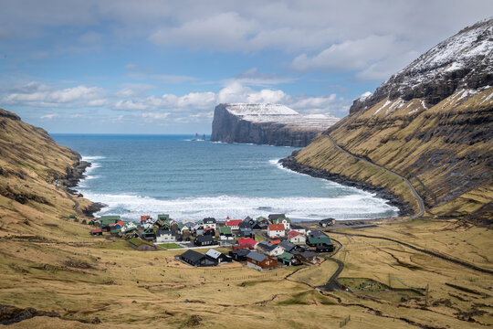 View of TjornuvA�k village and bay, Streymoy Island, Faroe Islands, Denmark