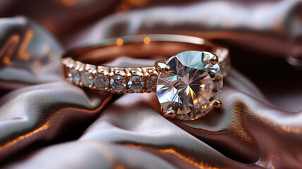 Golden wedding ring with a large diamond on a silk fabric with copy space, close-up.