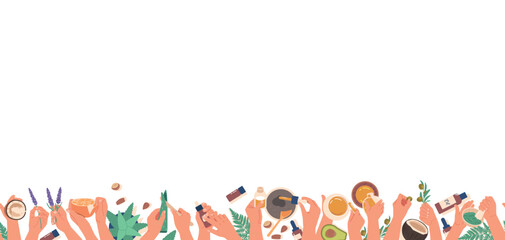 Seamless Pattern Featuring Hands Crafting Natural Oils. Horizontal Border Capturing The Essence Of Wellness