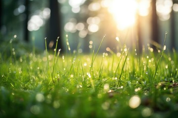 Obraz premium The landscape of green grass with dew in a forest with the focus on the setting sun. Soft focus