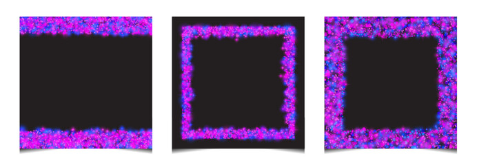 Bright set of square frames made of pink, blue and purple glitter and sparkles